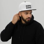Super Genki Snapback white/black Cap [Neat Stack Style] front view male model