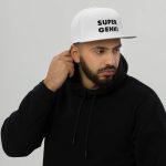 Super Genki Snapback white Cap [Neat Stack Style] front view male model