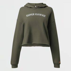 Tokyobloom Super Kawaii Ladies Military Green Color Embroidered Cropped Hoodie