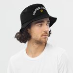 Super Genki Smiley Embroidered Denim Bucket Black Hat right side view male model