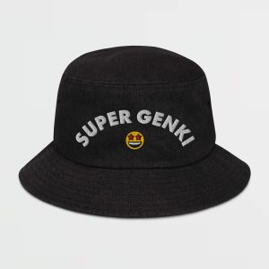 Super Genki Smiley Embroidered Denim Bucket Black Hat front view with design