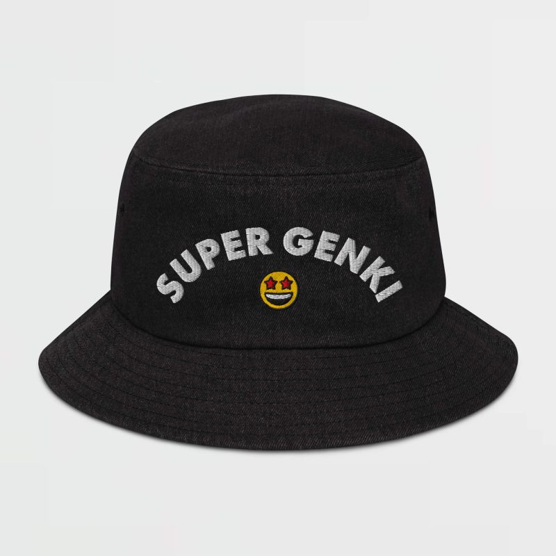 Super Genki Smiley Embroidered Denim Bucket Black Hat front view with design