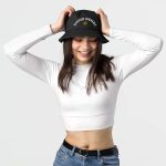 Super Genki Smiley Embroidered Denim Bucket Black Hat front view female model