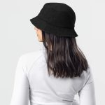 Super Genki Smiley Embroidered Denim Bucket Black Hat back view female model