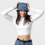 Super Genki Smiley Embroidered Denim Bucket Light Denim Hat front view female model