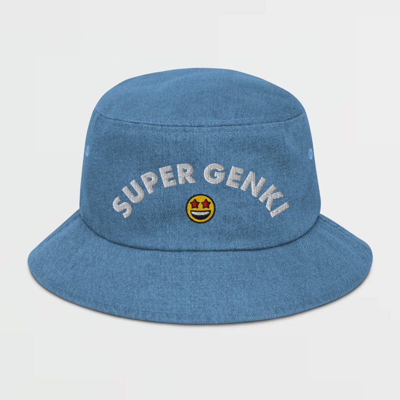 Super Genki Smiley Embroidered Denim Bucket Light Denim Hat front view with design