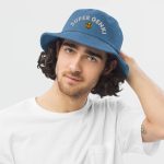 Super Genki Smiley Embroidered Denim Bucket Light Denim Hat front view male model