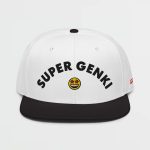 Super Genki Smiley Embroidered Black White Snapback Hat front view