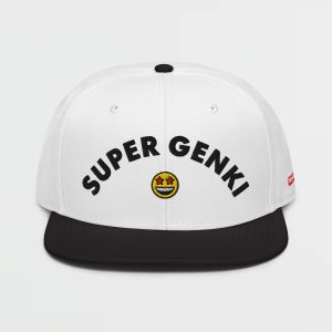 Super Genki Smiley Embroidered Black White Snapback Hat front view