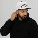 Super Genki Smiley Embroidered Black White Snapback Hat side view male model