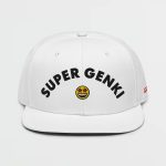 Super Genki Smiley Embroidered White Snapback Hat front view