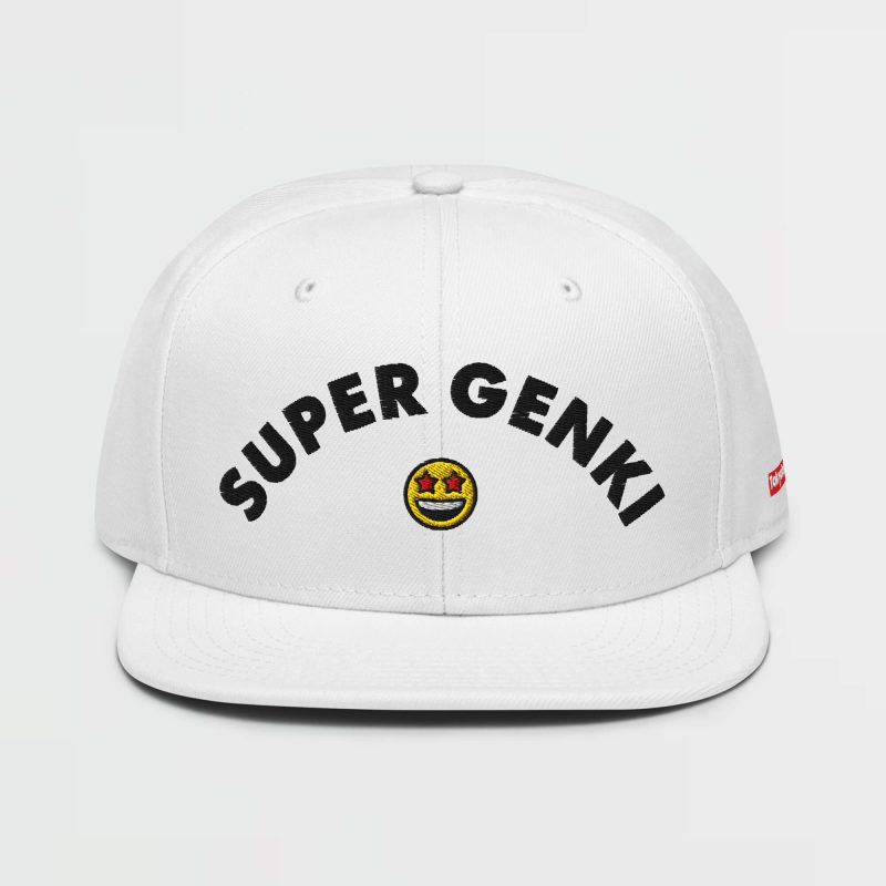 Super Genki Smiley Embroidered White Snapback Hat front view
