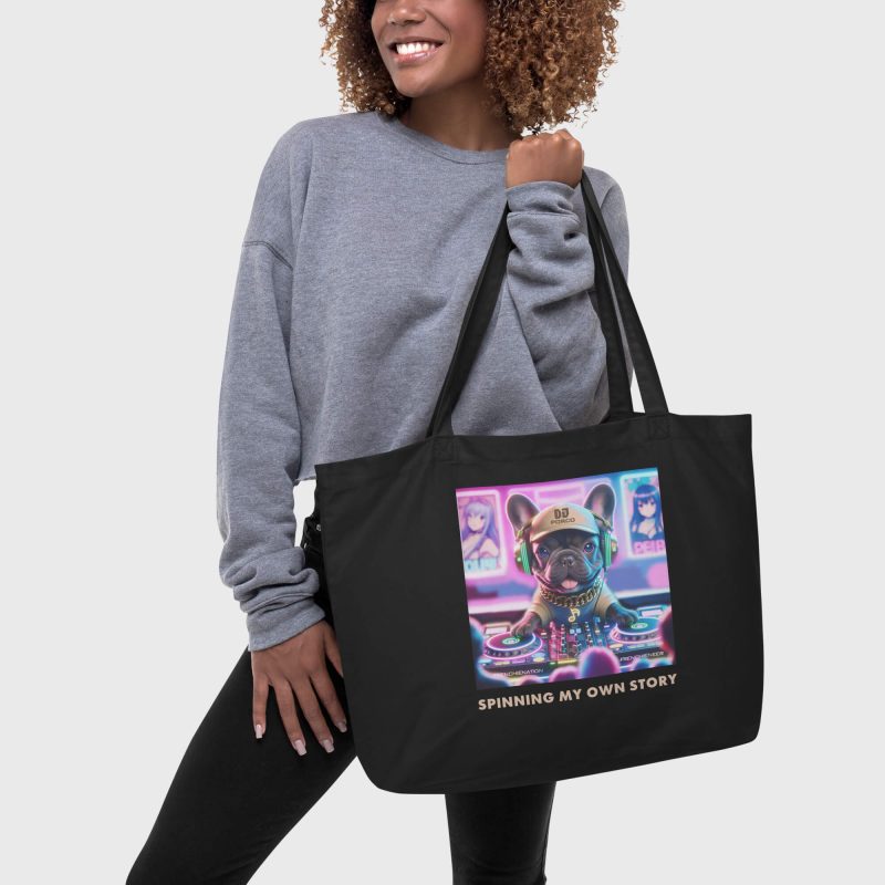DJ Porco SPINNING MY OWN STORY Large Organic Tote Bag black front view female model