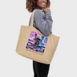DJ Porco SPINNING MY OWN STORY Large Organic Tote Bag oyster back view female model