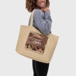 Matsuhiro the Frenchie I AM A MISFIT BY CHOICE Large Organic Tote Bag oyster back view female model