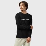 Super Genki Men’s Fitted Long Sleeve Crew Neck Shirt Black Neat Style front view on male model
