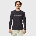 Super Genki Men’s Fitted Long Sleeve Crew Neck Shirt Heavy Metal Neat Style front view on male model