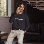 Super Genki Men’s Fitted Long Sleeve Crew Neck Shirt Heavy Metal Neat Style front view on male model