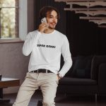 Super Genki Men’s Fitted Long Sleeve Crew Neck Shirt White Neat Style front view on male model