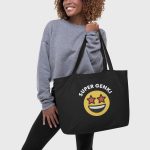 Super Genki Smiley Large Organic Tote Bag black front female model